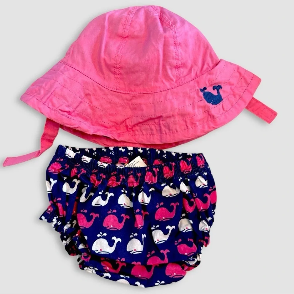 Pottery Barn Kids Whale Print Reversible Sun Hat and Diaper Cover Set, 3-6 mo.